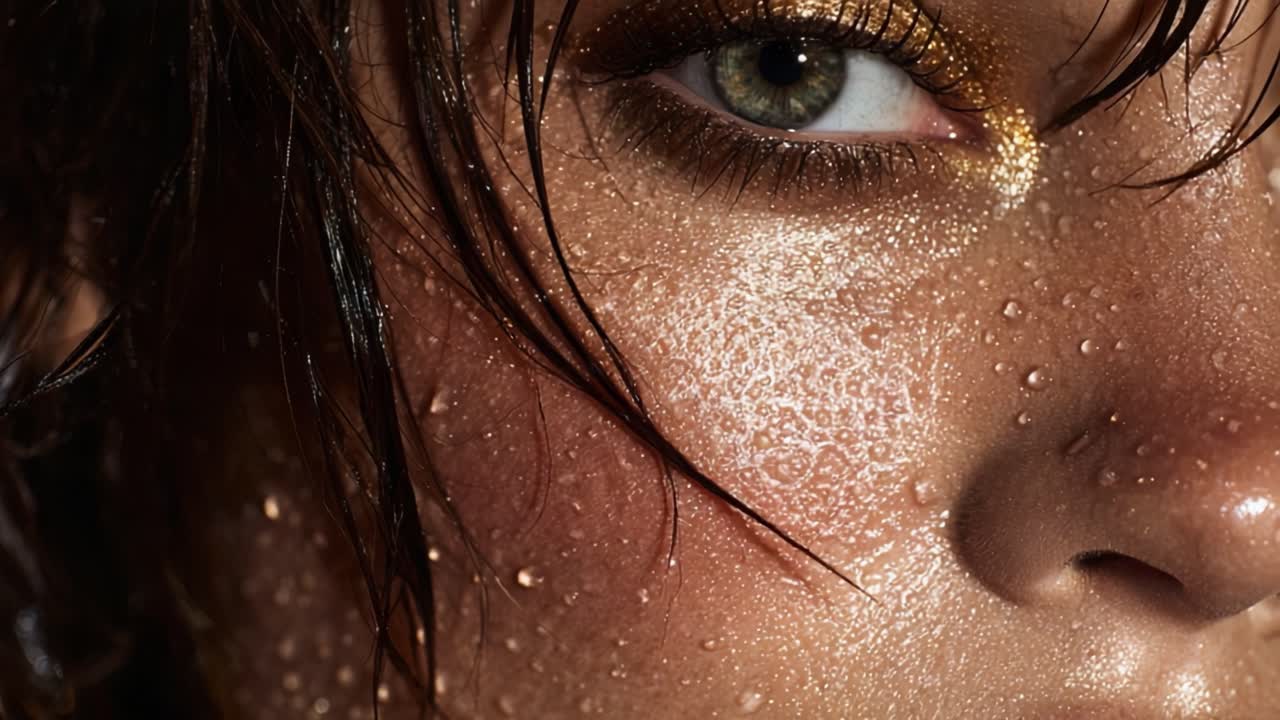 Slående nærbilde av et glødende øye med vanndråper, med frodig gyllen makeup og fengslende uttrykk under myk belysning