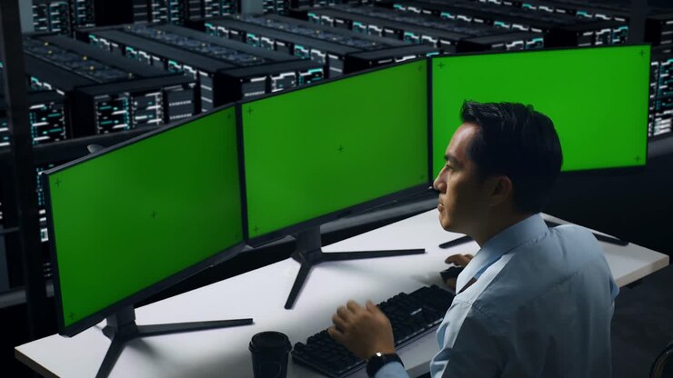 Vista posteriore di un uomo asiatico stanco che sbadiglia mentre lavora con monitor multipli in un data center.