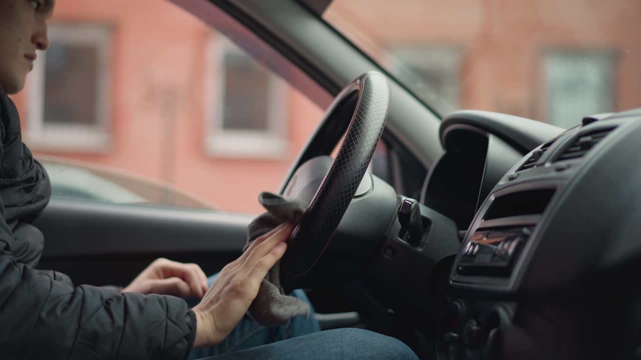 Side view of automobile enthusiast seated in driver seat with window down using towel to wipe and polish leather steering wheel in circular motion as cars pass by urban street blurred in background