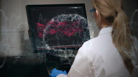 animación de una cadena de adn con cerebro digital sobre una científica caucásica que trabaja en un laboratorio