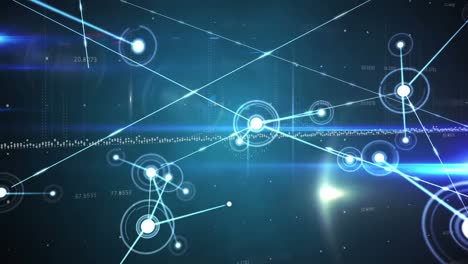 Animation-of-dots-connected-with-lines,-lens-flare-over-numbers-and-sound-waves-over-blue-background