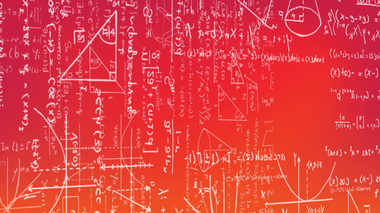 Animation of mathematical equations and formulas floating against pink gradient background
