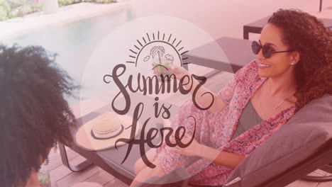 summer is here text animation over woman relaxing by pool with drink