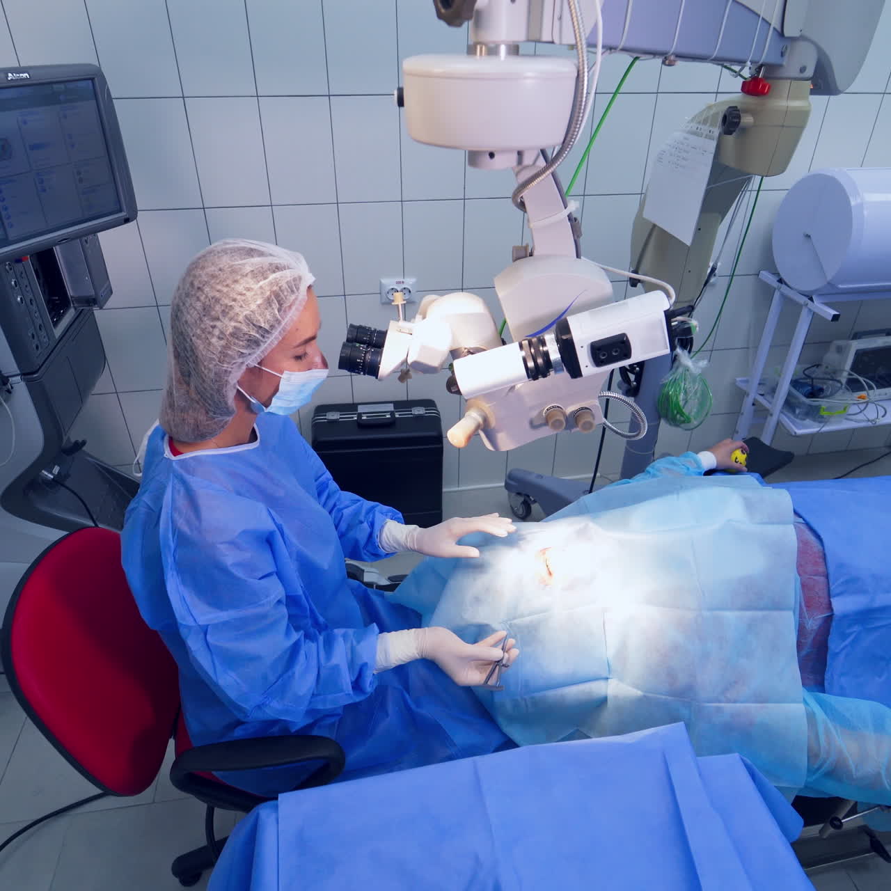 Female surgeon performs the operation on eyes in gloves and mask with microscope. Ophthalmologist treats patient's eyes in a modern clinic.