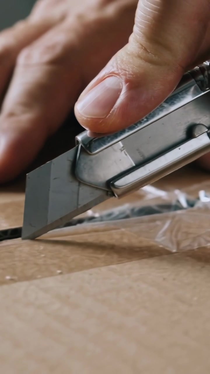 Video verticale: Mano che taglia premendo un cursore, facendo scorrere un coltello lungo una cucitura nastrata su un tavolo per aprire una scatola.