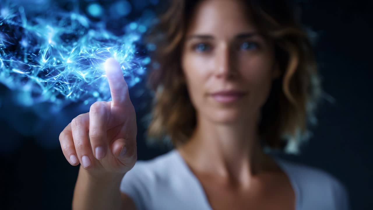 A woman interacts with a vibrant digital network through a light-driven interface, showcasing the fusion of human touch and technology. Her fingertip illuminates the energy of connection and innovation