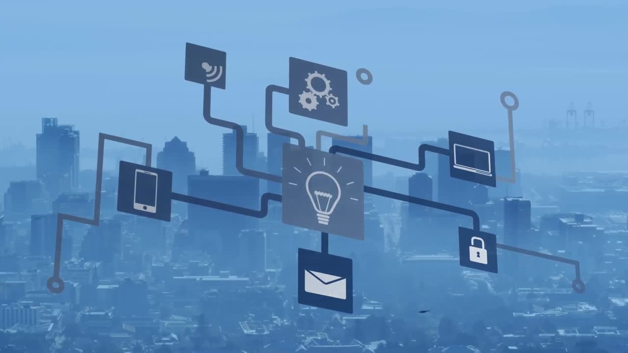 도시 풍경에 대한 아이콘과 통계로 연결된 네트워크의 애니메이션