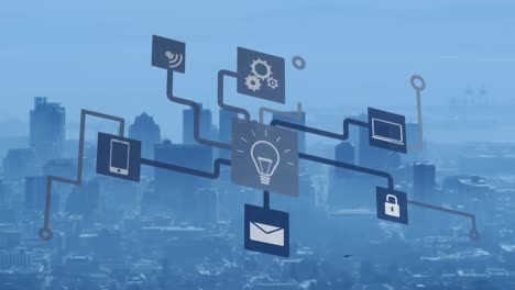 Animation of network of connections with icons and statistics over cityscape