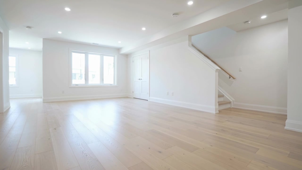 Recording starting, camera panning empty living room showing floor, window, stairs to show layout