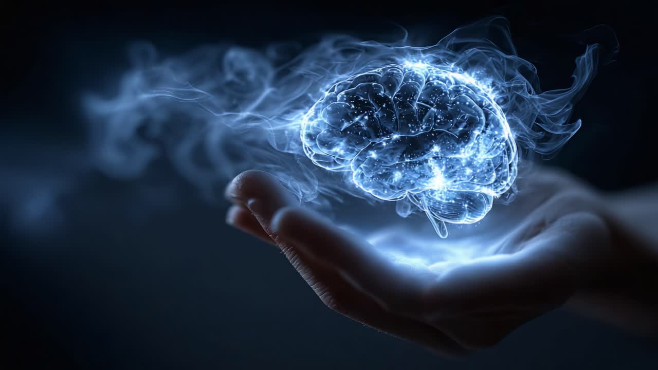Un cervello luminoso circondato da energia mistica tenuto in una mano, a simboleggiare la creatività, l'intelligenza e il potere del pensiero umano in un ambiente buio