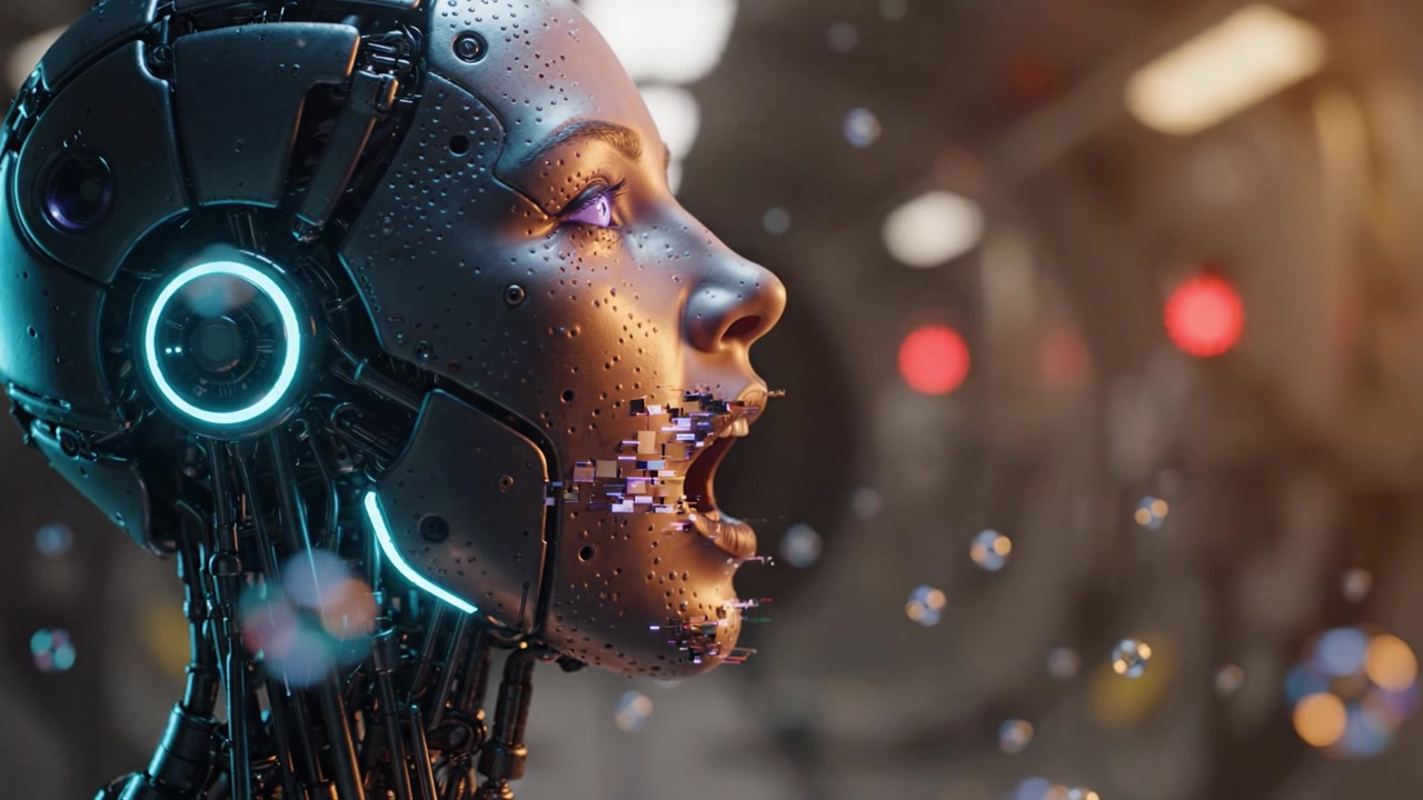 Donna robotica futuristica con un intricato design facciale, che emette frammenti digitali e presenta caratteristiche accattivanti in un contesto high-tech e suggestivo di illuminazione tecnologica