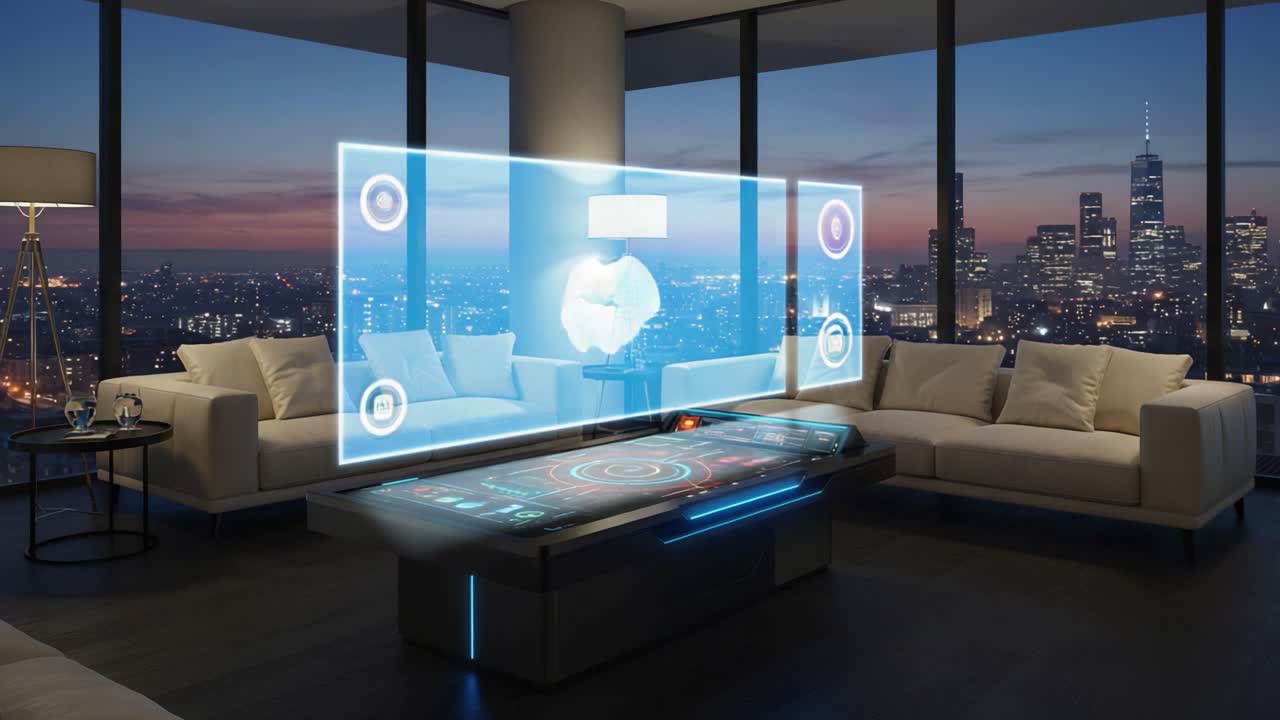 Modern Living Room with Futuristic Holographic Table Display at Dusk, Showcasing a Vibrant Cityscape Through Large Windows