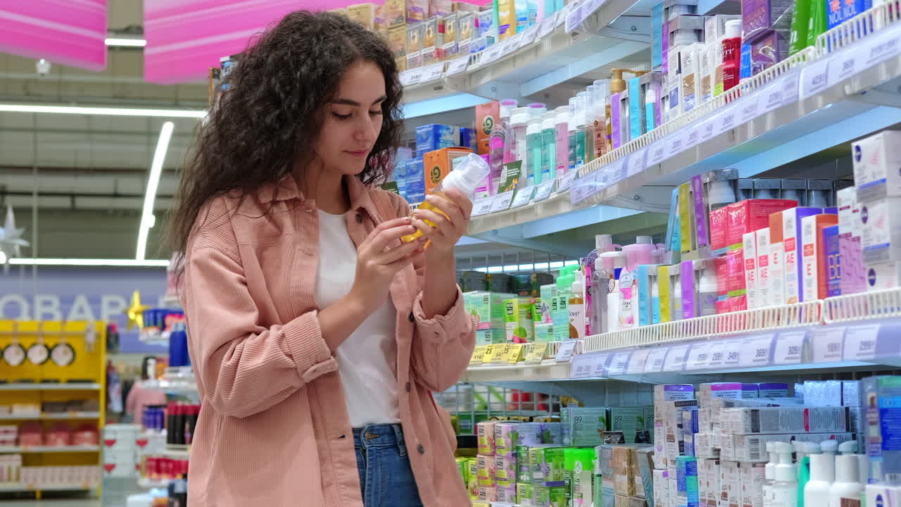 mujer comprando cosméticos en un supermercado