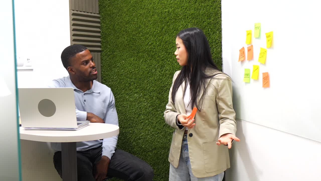 Business meeting with sticky notes on whiteboard