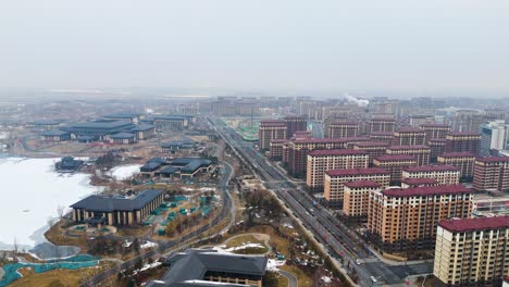 Toma-Aérea-Del-Distrito-Residencial-Dentro-De-La-Ciudad-Futurista-De-Xiongan-En-China