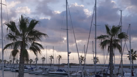 Timelapse-of-boats-docked-at-a-picturesque-port,-nestled-among-swaying-palm-trees-as-sunlight-spills-through-rushing-clouds