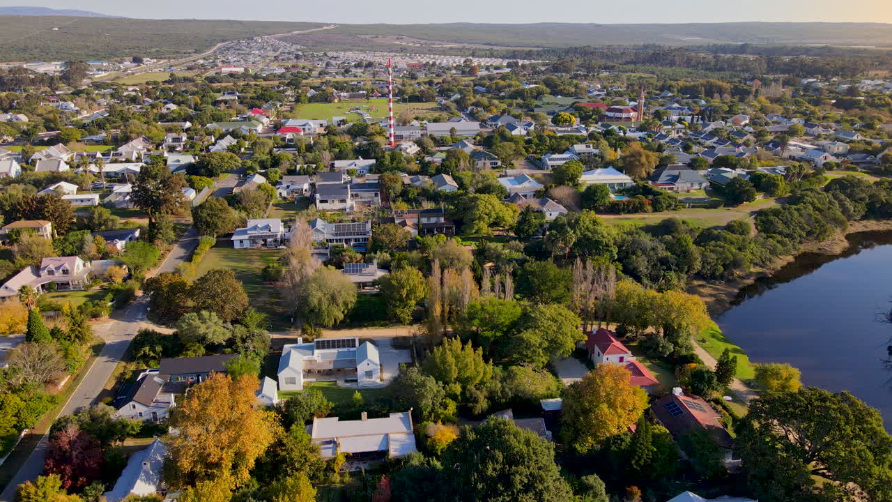 Popular weekend getaway countryside town of Stanford in Overberg, sunset aerial