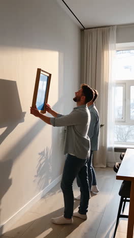 two men hanging a picture frame in a sunny living room