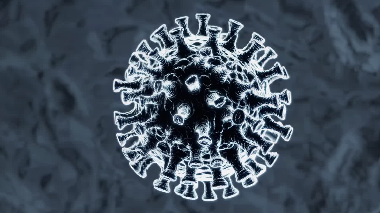 Rendering in 3D di una particella di virus, vista da un angolo superiore. Lo stile è digitale e scientifico.