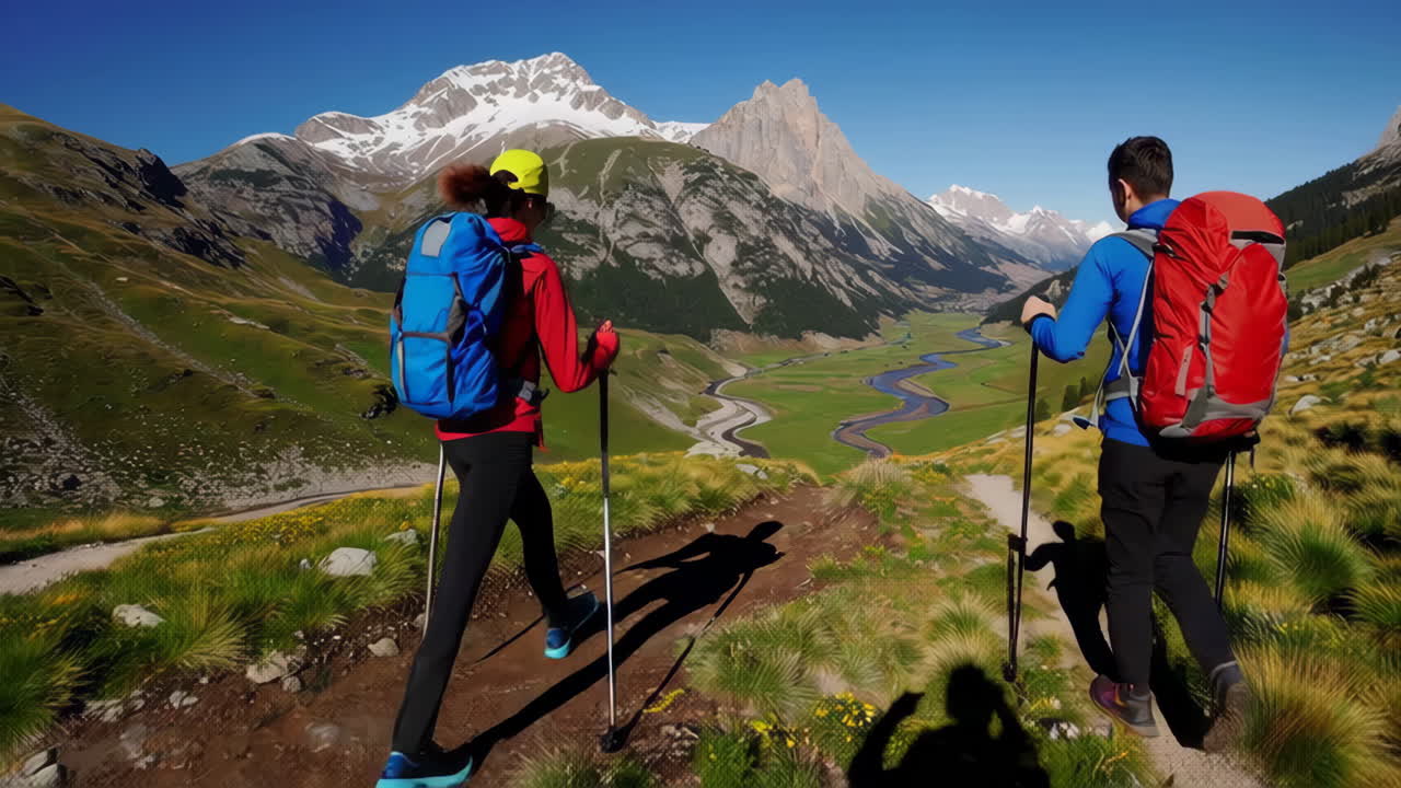 Hikers enjoying a scenic mountain valley view