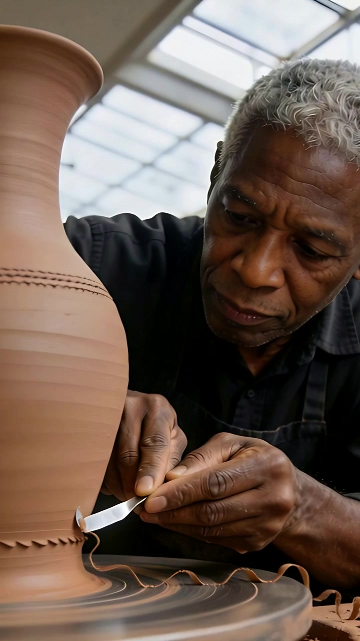 Vertical video: Wheel spinning, potter in dark apron trimming vase base at studio