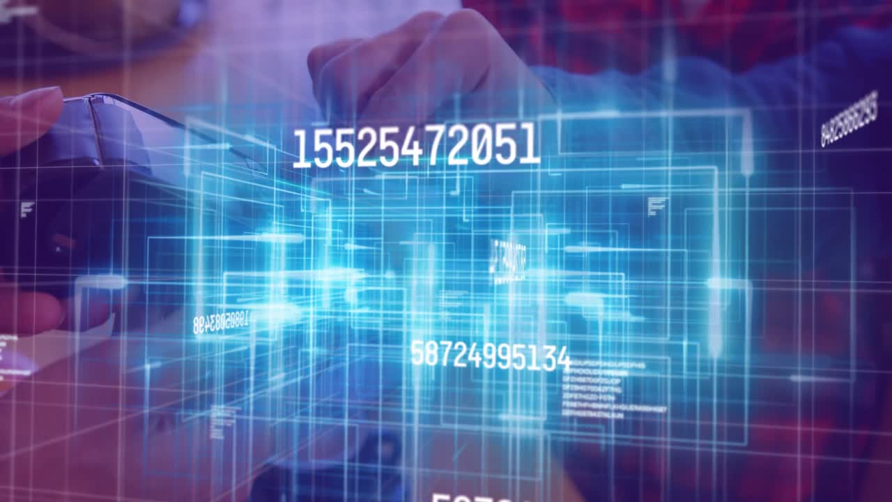 Animation of changing numbers over hands of caucasian man using payment terminal