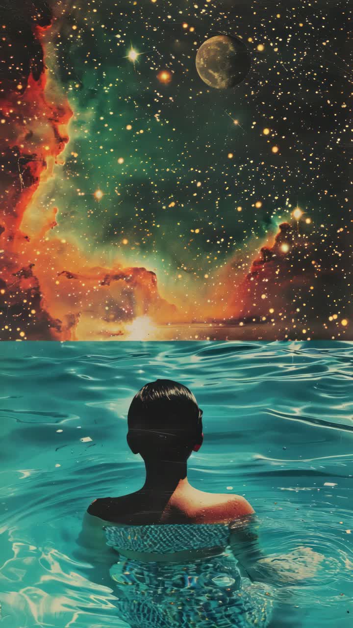 Concept video surreale con visuale dal basso di una persona in acqua, che guarda un cielo cosmico pieno