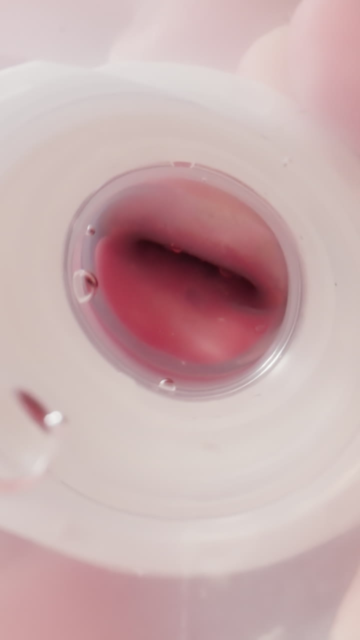 Little child drinks water from transparent plastic bottle. Cute kid mouth holds white nipple. Air bubbles sway in clear liquid macro low angle shot