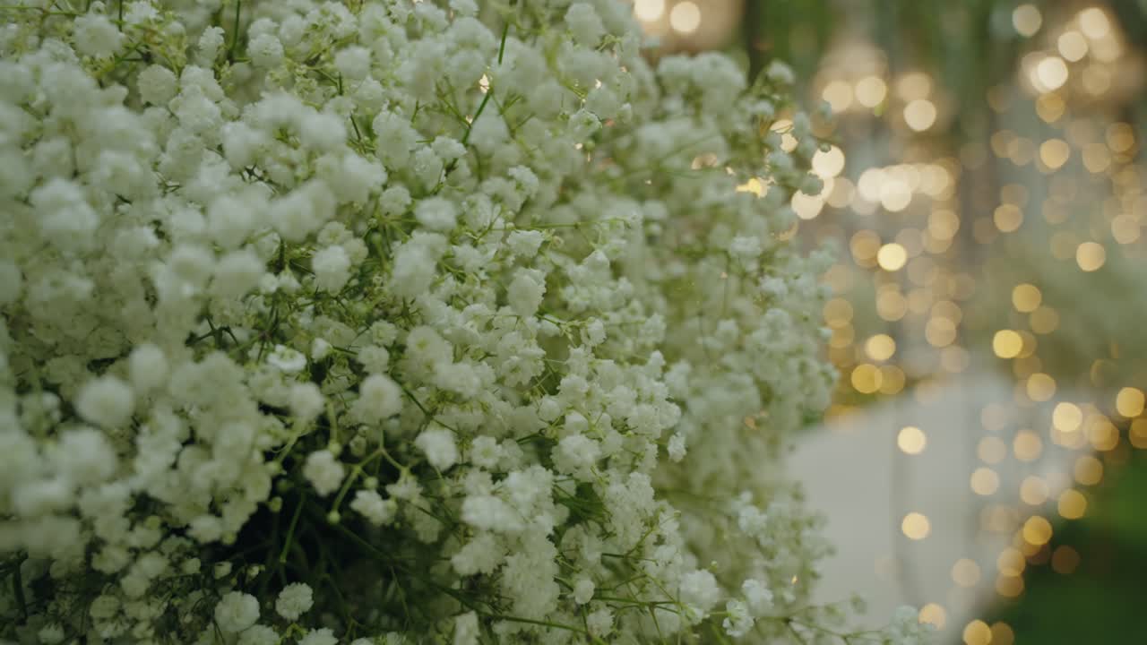 white baby's breath bouquet with dreamy lights in background at event