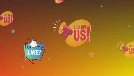 animation of like and follow us text with icons on yellow background