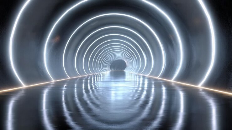 Una imagen impactante de un túnel futurista con patrones de luz radiantes que se reflejan en una superficie lisa y crean un efecto atmosférico e hipnótico.