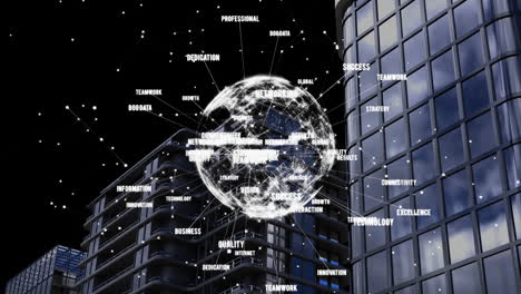 Global network and business success keywords animation over modern office buildings