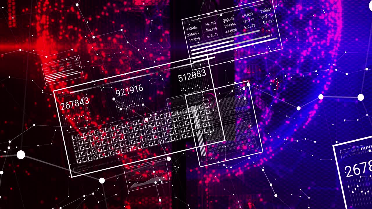 어두운 배경 위의 데이터 처리 및 연결 네트워크의 애니메이션