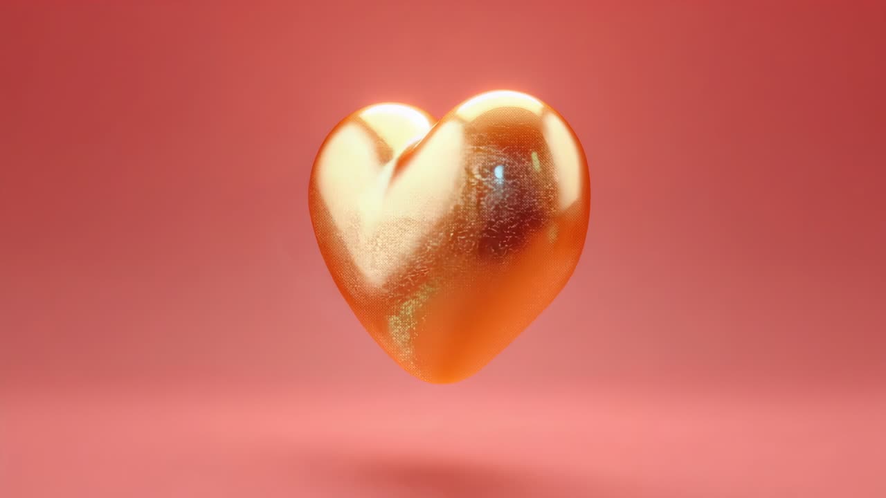 Riproduzione dell'ornamento a cuore dorato che inizia a ruotare e oscillare sul set, mostrando riflessi, ombre tenui e sfondo rosa