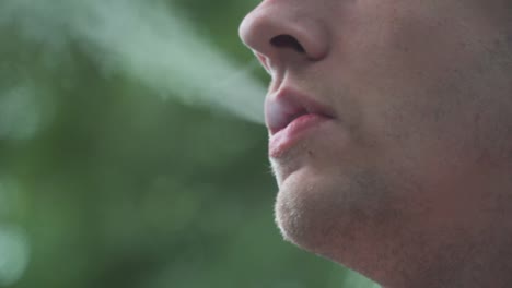 close up of male model smoking vaporizer outside 60fps