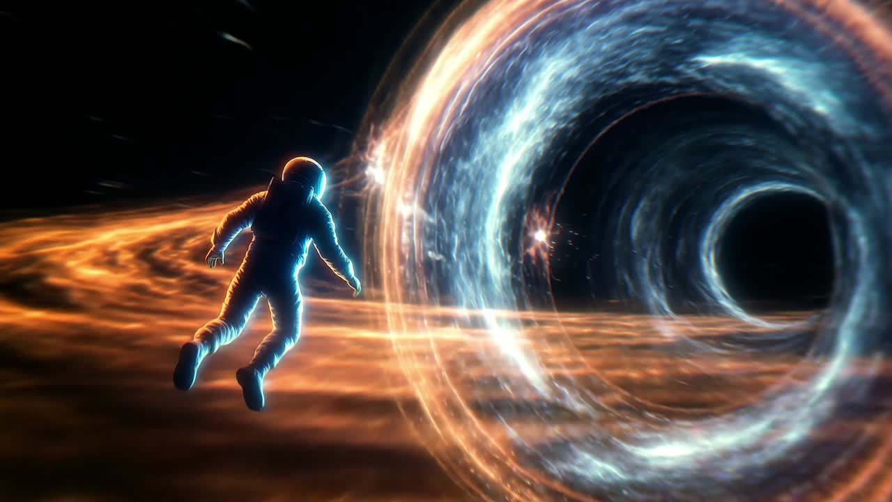 Astronaut floating toward a giant black hole in deep space