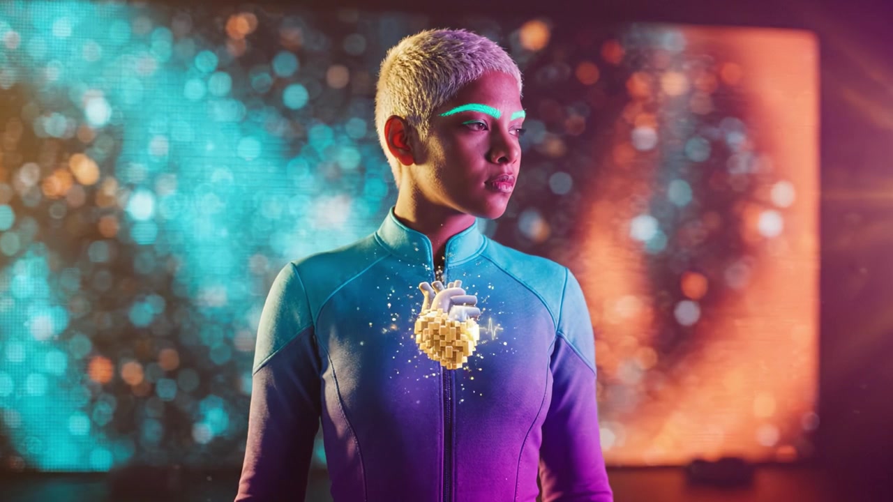 A futuristic figure with vibrant features and a glowing heart design stands in a dynamic environment filled with captivating bokeh and colorful lights.