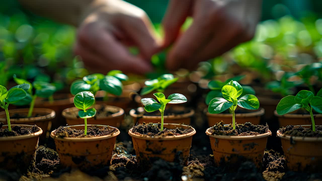 Gardeners care for young plants. Hands carefully tend to small green plants in pots, ensuring healthy growth in a vibrant garden setting