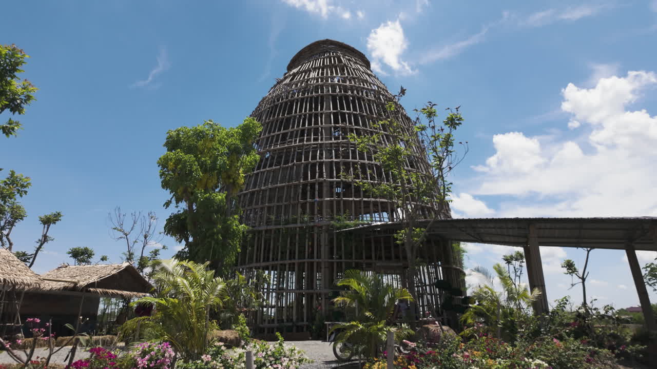 Bamboo Bridge Towards Giant Fishing Trap Tourist Attraction In Ton Tan, Thailand. Tilt-up Shot