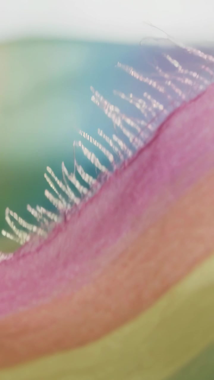 Video verticale: La lente macro si sposta, rivelando il bordo curvo di un petalo in una configurazione da tavolo per mostrare i tricomi.
