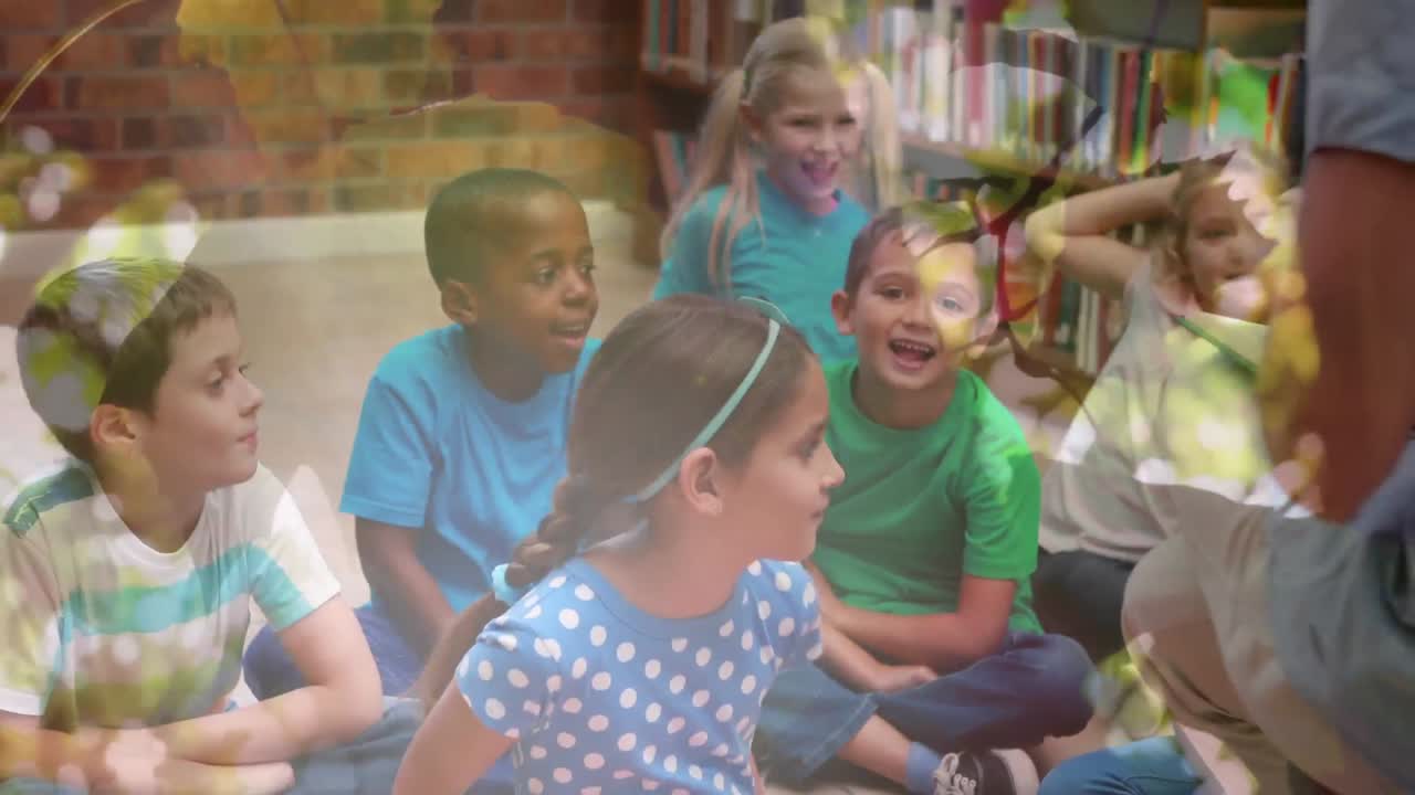 animación de hojas sobre diversos escolares y maestros