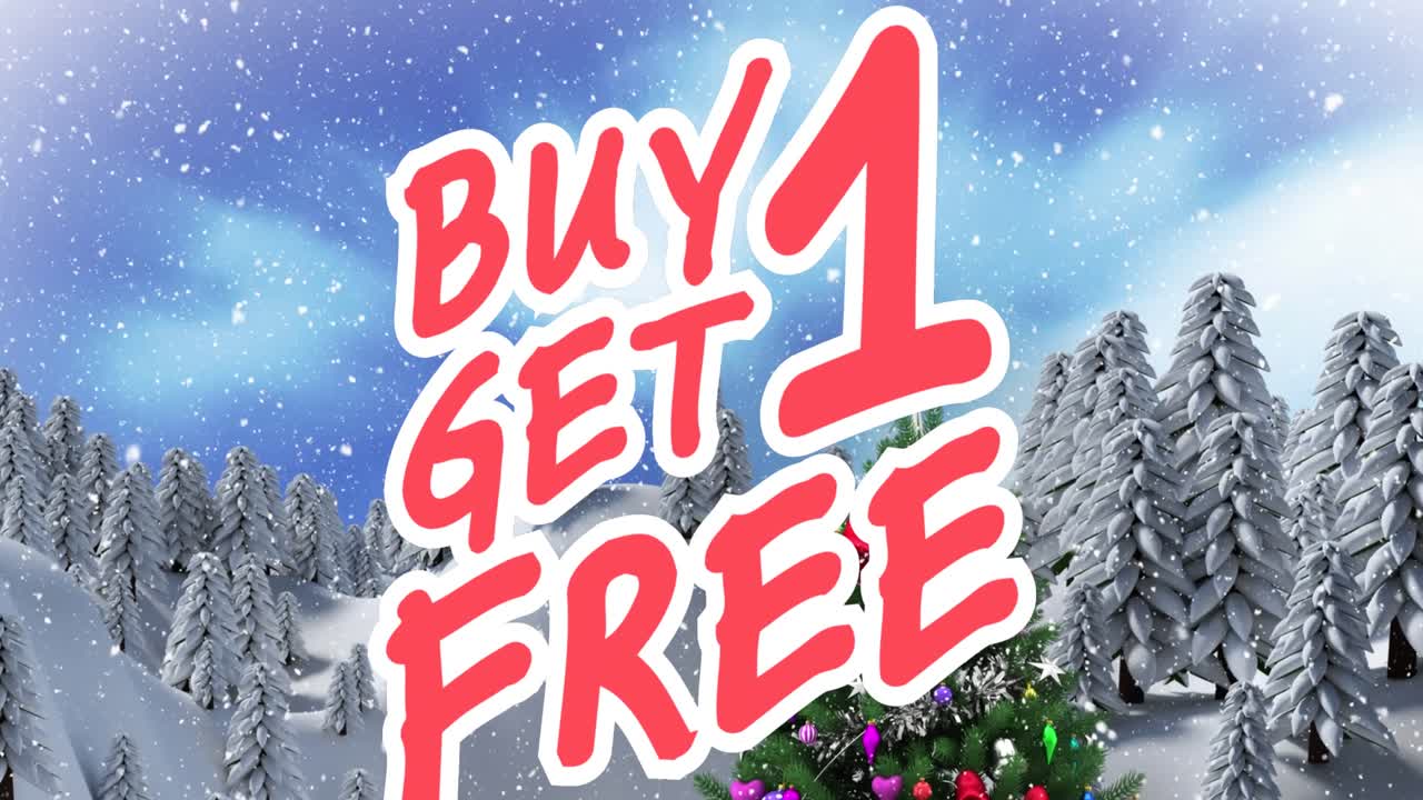 クリスマスツリーと冬の風景の上に、「1つ買うと1つ無料」のテキストがアニメーションで表示される様子。