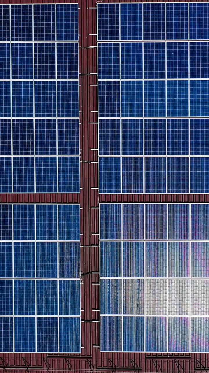 Solar panels from above. Aerial drone view of solar panels on the roof of building Vertical video