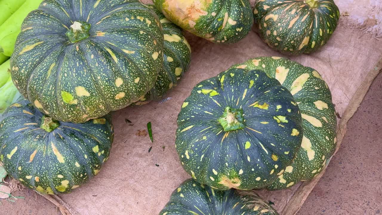 a pile of green pumpkin for sale, fresh green pumpkins on stall in local vegitable market in india