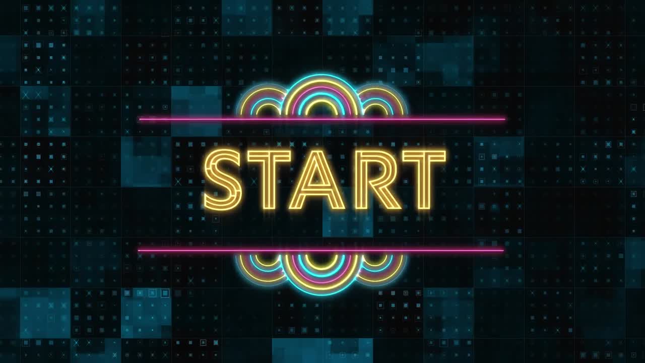 animación del texto de inicio que se ilumina en un fondo de forma cuadrada