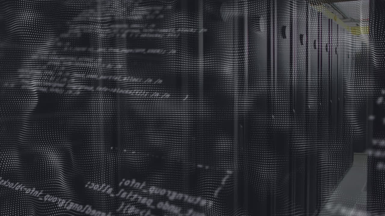 Animation of data processing and white shapes over server room