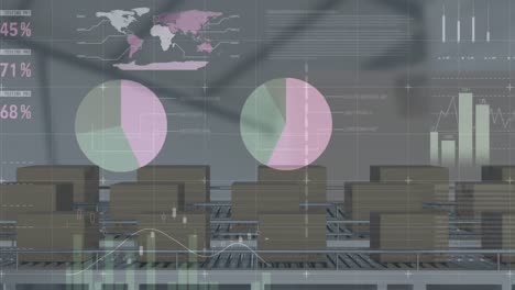 statistical data processing over multiple boxes on conveyor belt against warehouse