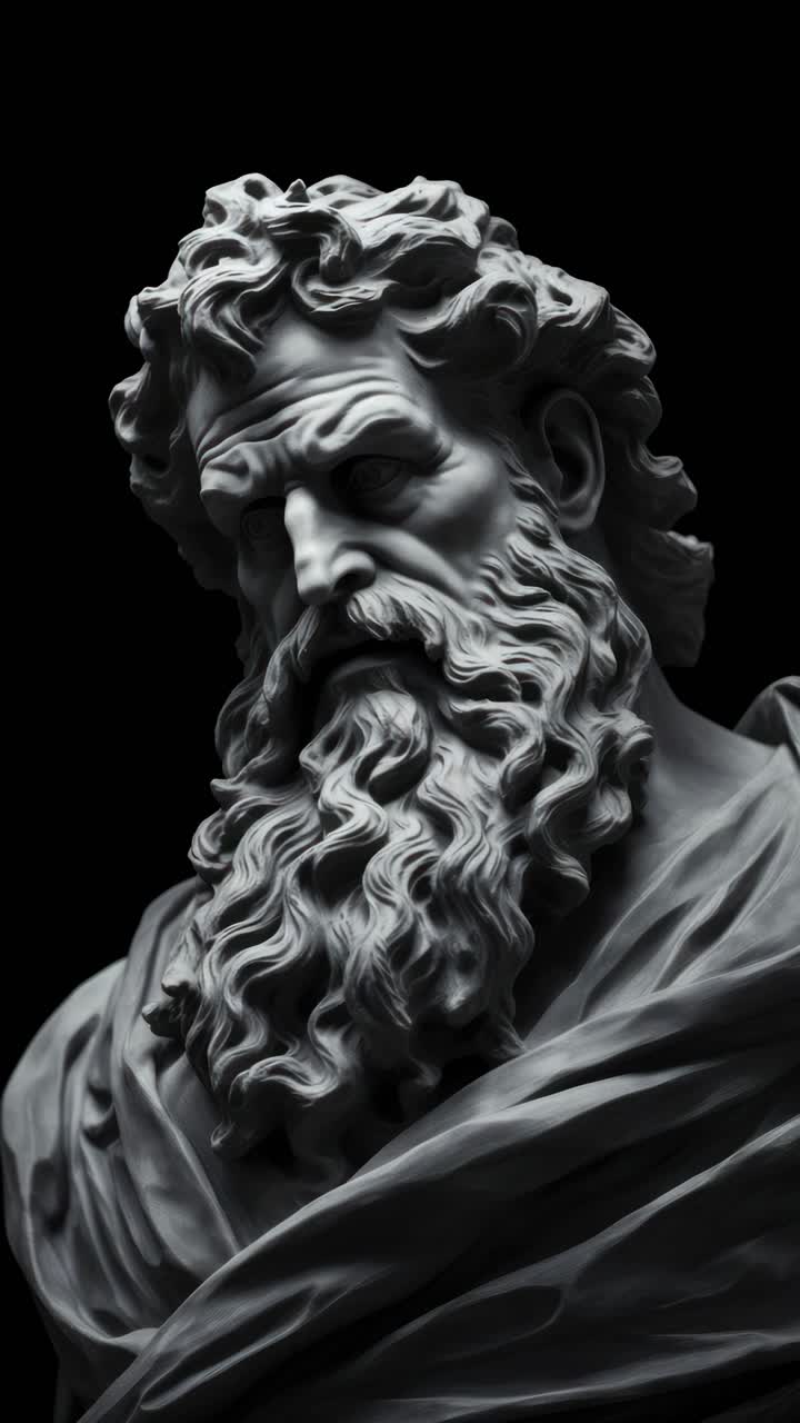 Dramatic close-up of a classical statue with intricate details, shot from a low angle