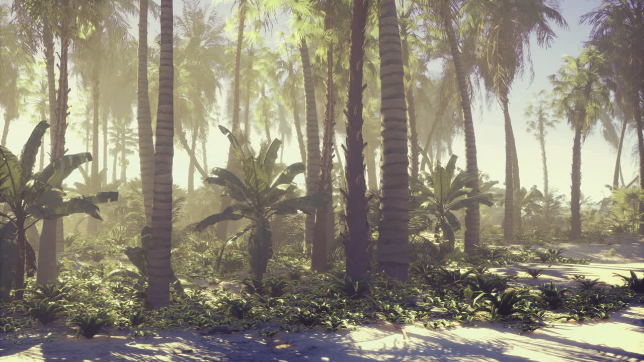 Lush tropical forest with palm trees and ferns in bright sunlight
