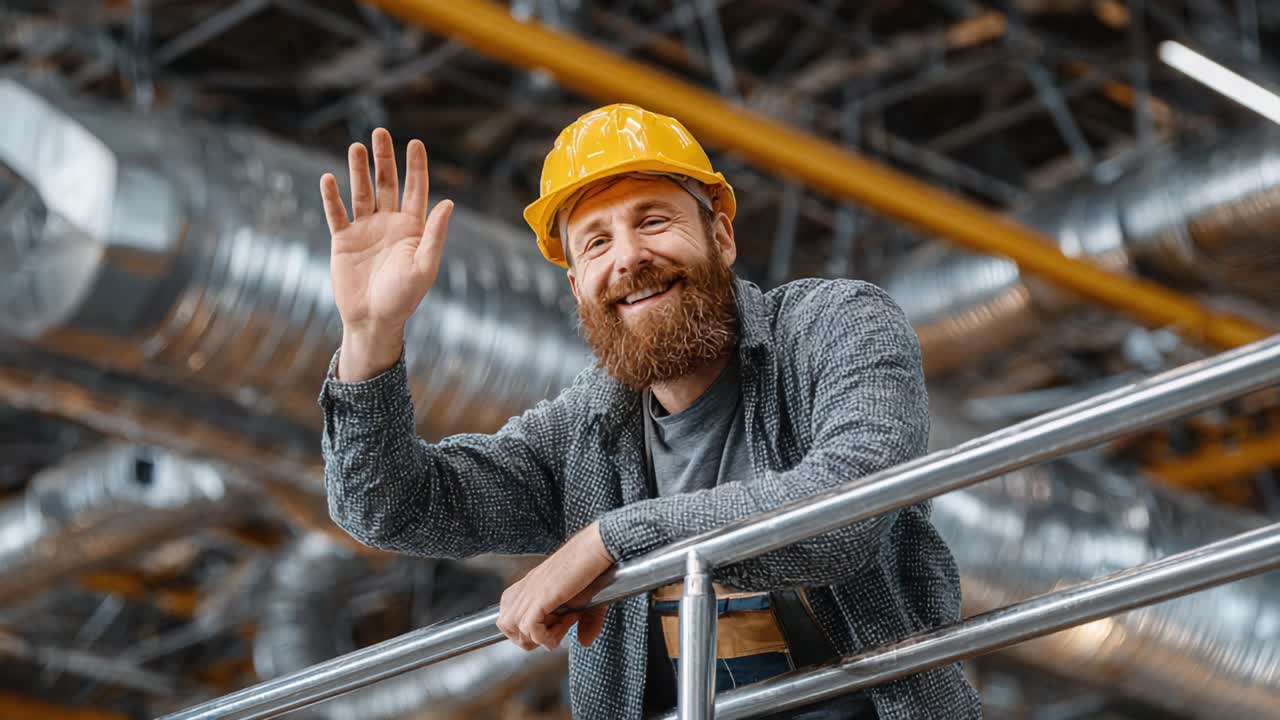 A cheerful construction worker in a safety helmet waves enthusiastically from a railing, showcasing a friendly and approachable demeanor in a modern industrial environment